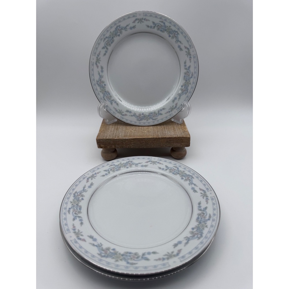 Somerset HL Excel Fine China Salad Plates Set of 4 Floral Blue Pink Silver Rim